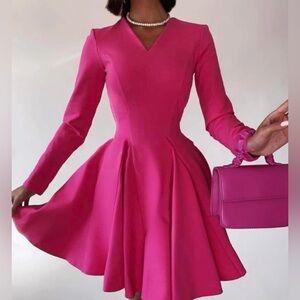 Pink Fit and Flare Long Sleeve Cocktail Dress